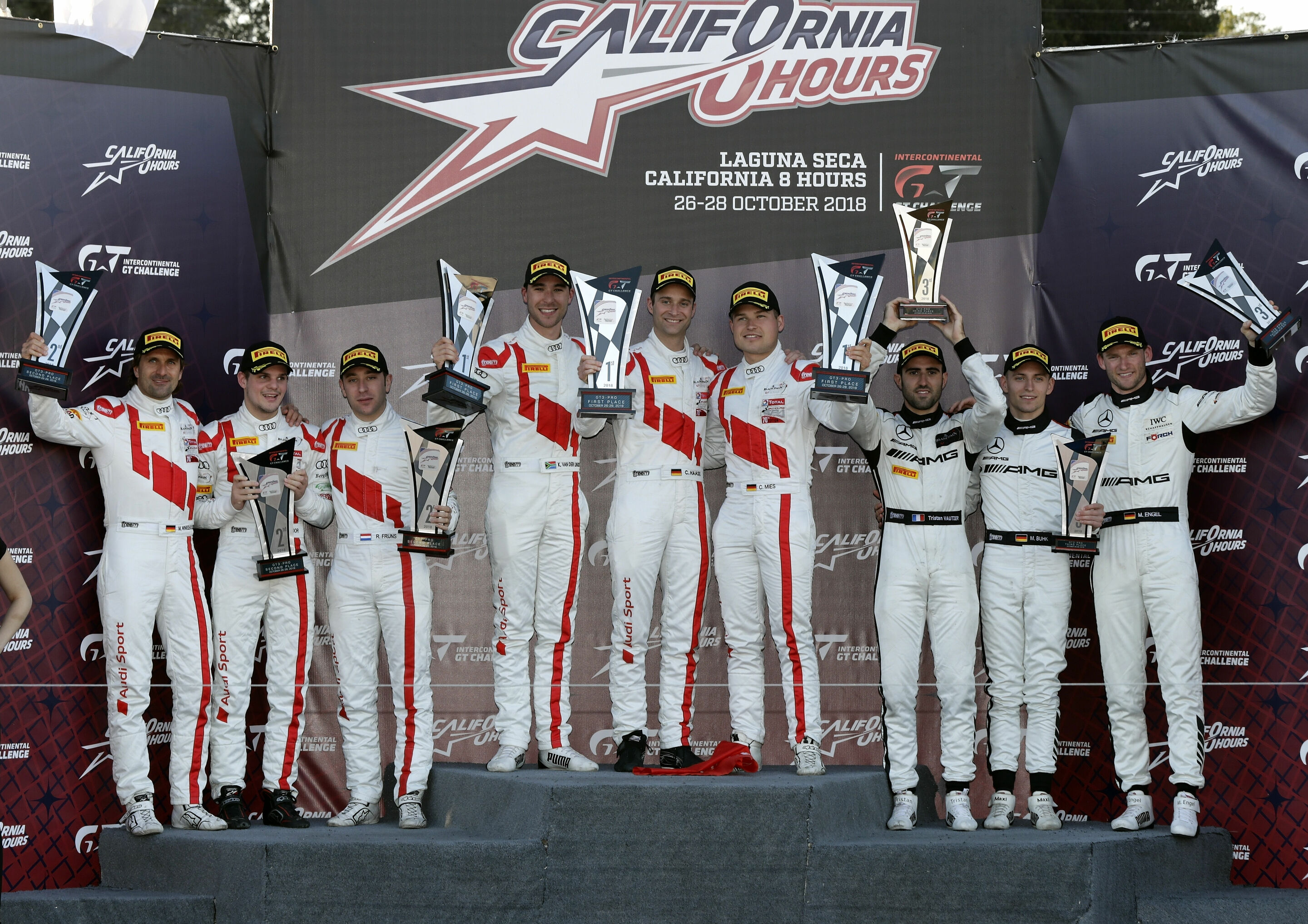 California 8 Hours 2018 - Markus Winkelhock, Dries Vanthoor, Robin Frijns, Kelvin van der Linde, Christopher Haase, Christopher Mies, Tristan Vautier, Maxi Buhk, Maro Engel