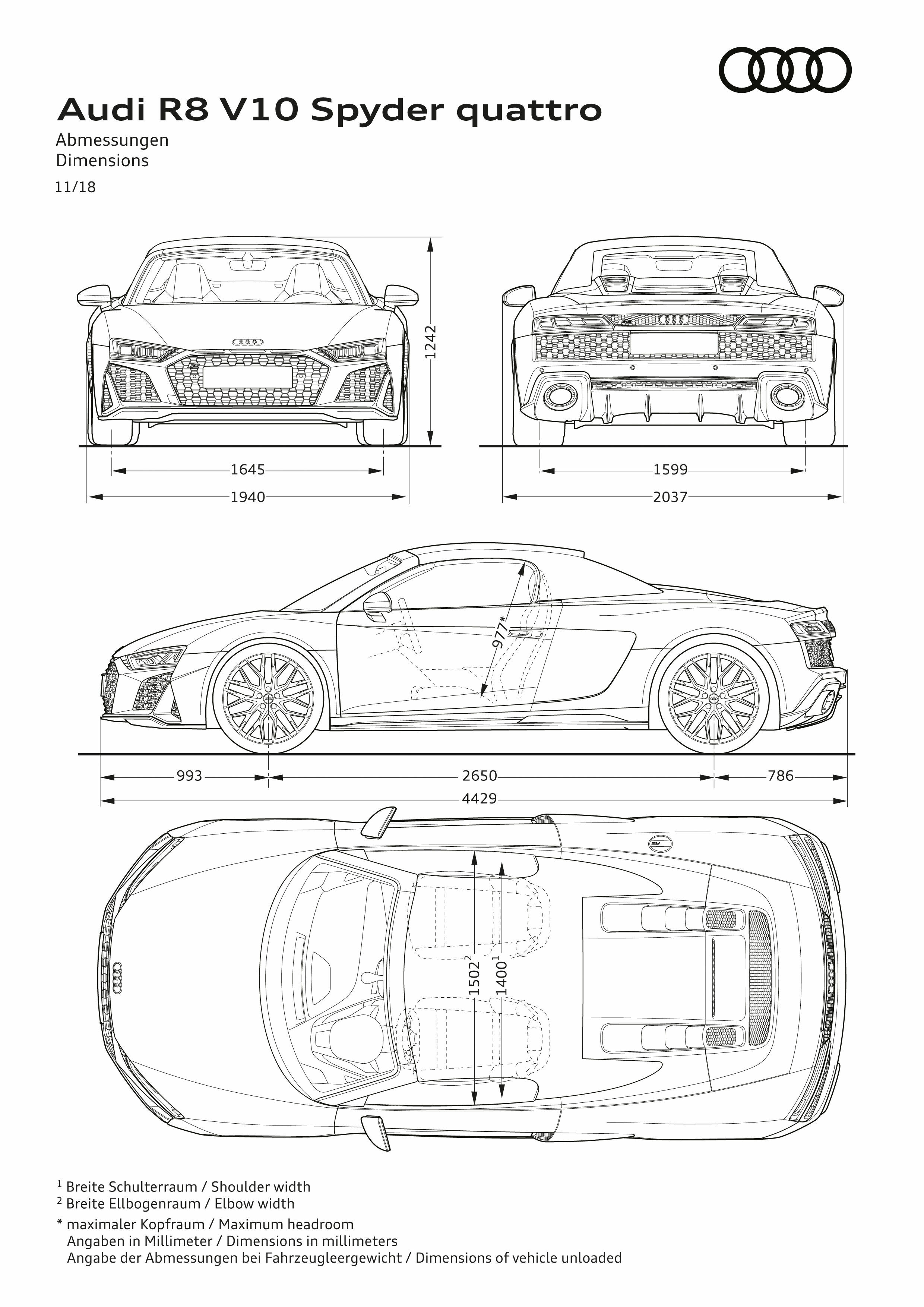 Illustration - Audi R8 V10 Spyder quattro - Abmessungen