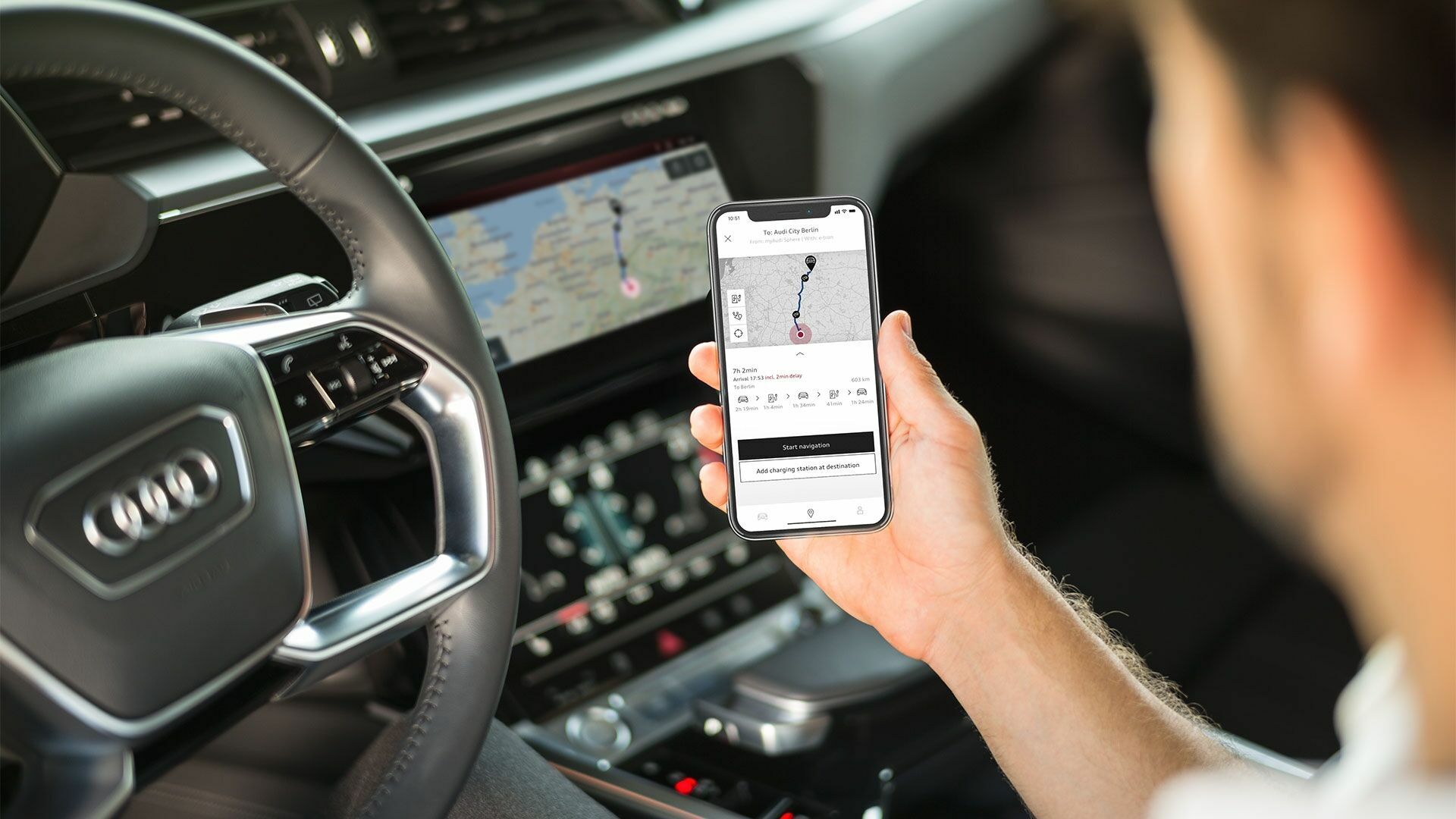 e-tron route planner - The customer can use it either in the in-car MMI system or in the myAudi smartphone app. In both cases they are shown the optimal route with the required charging points.