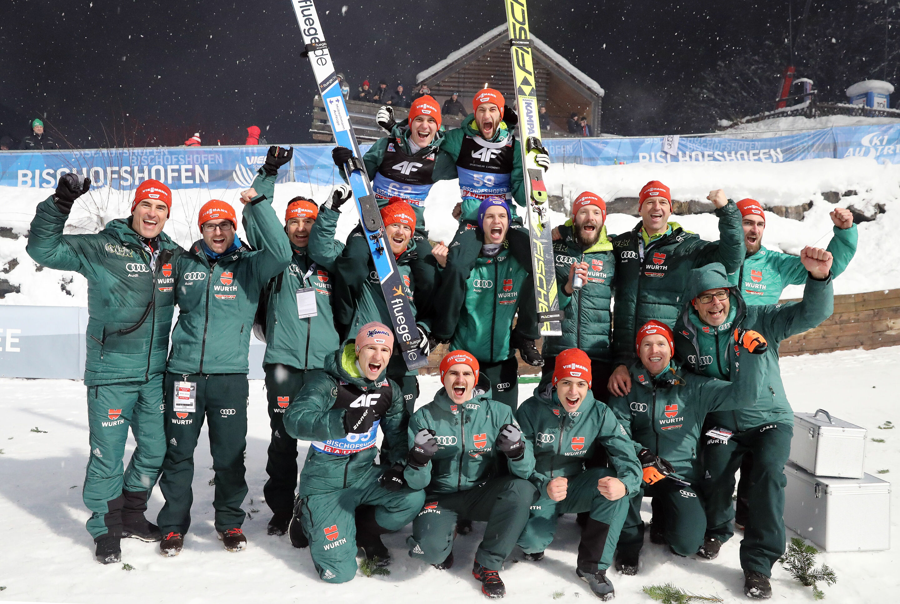 67th Four Hills Tournament - Epiphany Ski Jump in Bischofshofen - 2nd overall place Markus Eisenbichler (GER) and 3rd overall place Stephan Leihe (GER) with the whole team Germany