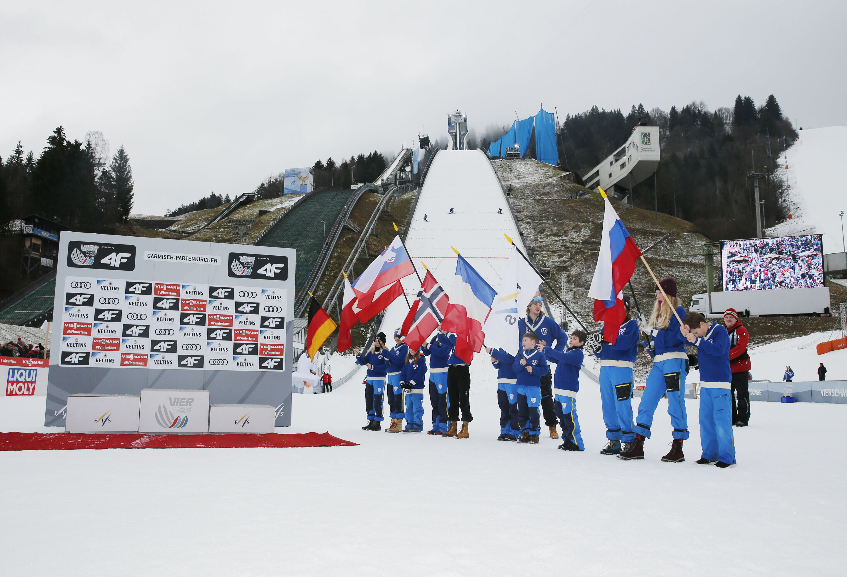 67th Four Hills Tournament - New Year´s Ski Jumping in Garmisch-Patenkirchen - Pedestal and flags in the finish area