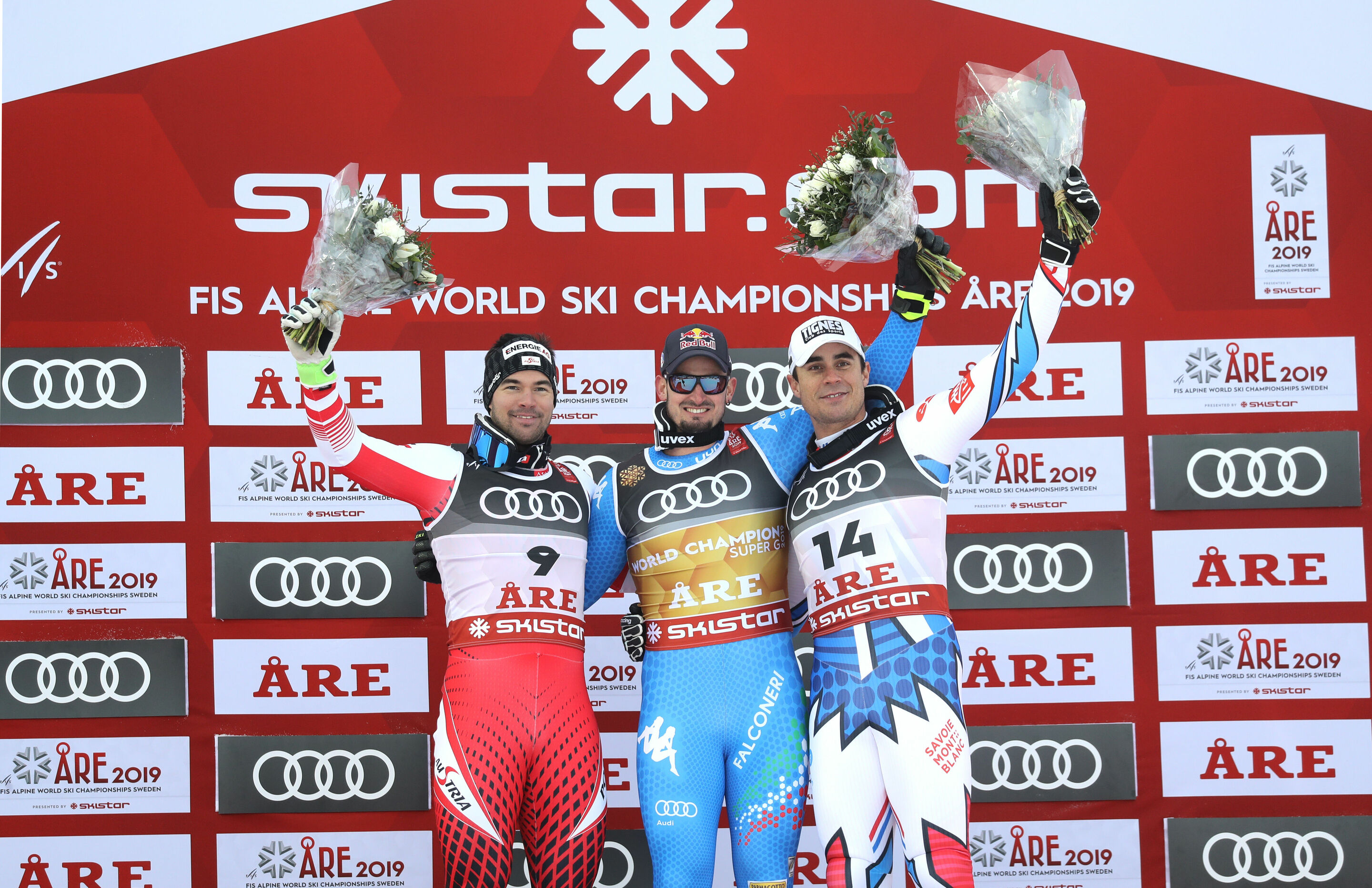 FIS Alpine World Ski Championships in Åre 2019 - Winning picture in Super G from the left:
Johan Clarey (FRA), Vincent Kriechmayr (AUT), both on 2nd place, Dominik Paris (ITA) winner 1st place