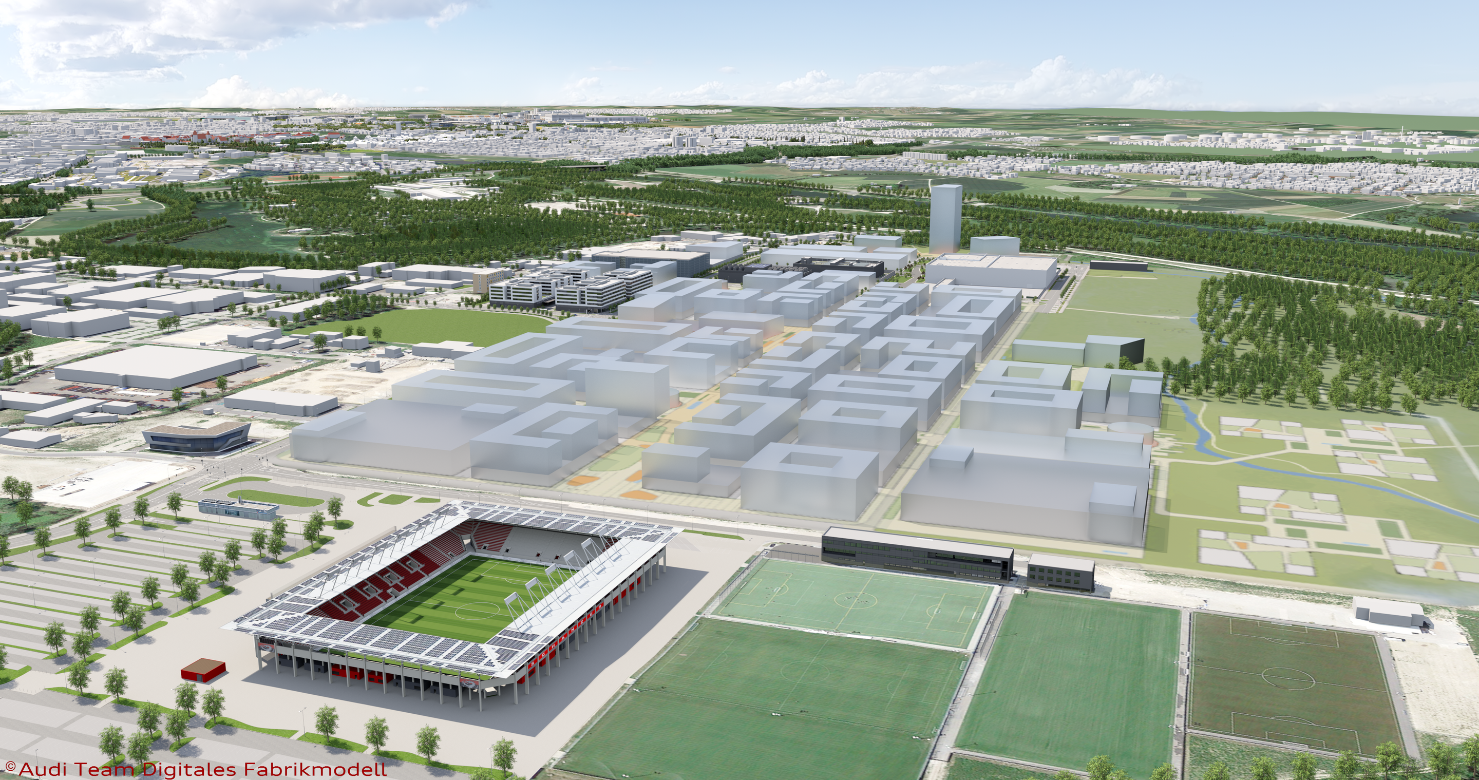 IN-Campus GmbH: Audi und Stadt Ingolstadt sanieren Raffineriegelände für Technologiepark - IN-Campus: In Ingolstadt entsteht der Audi-Technologiepark der Zukunft. 60 Hektar werden künftig zum Industriegebiet, 15 Hektar groß ist die naturnahe Ausgleichsfläche.