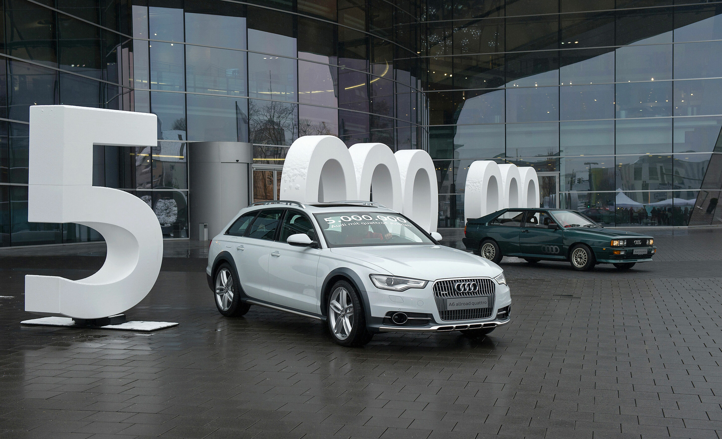 Annual Press Conference 2013 - Five million Audi quattro drive systems – victory lap for a superior technologyThe anniversary car and the „Ur-quattro“ on the handling course at the Audi Forum in Neckarsulm.
