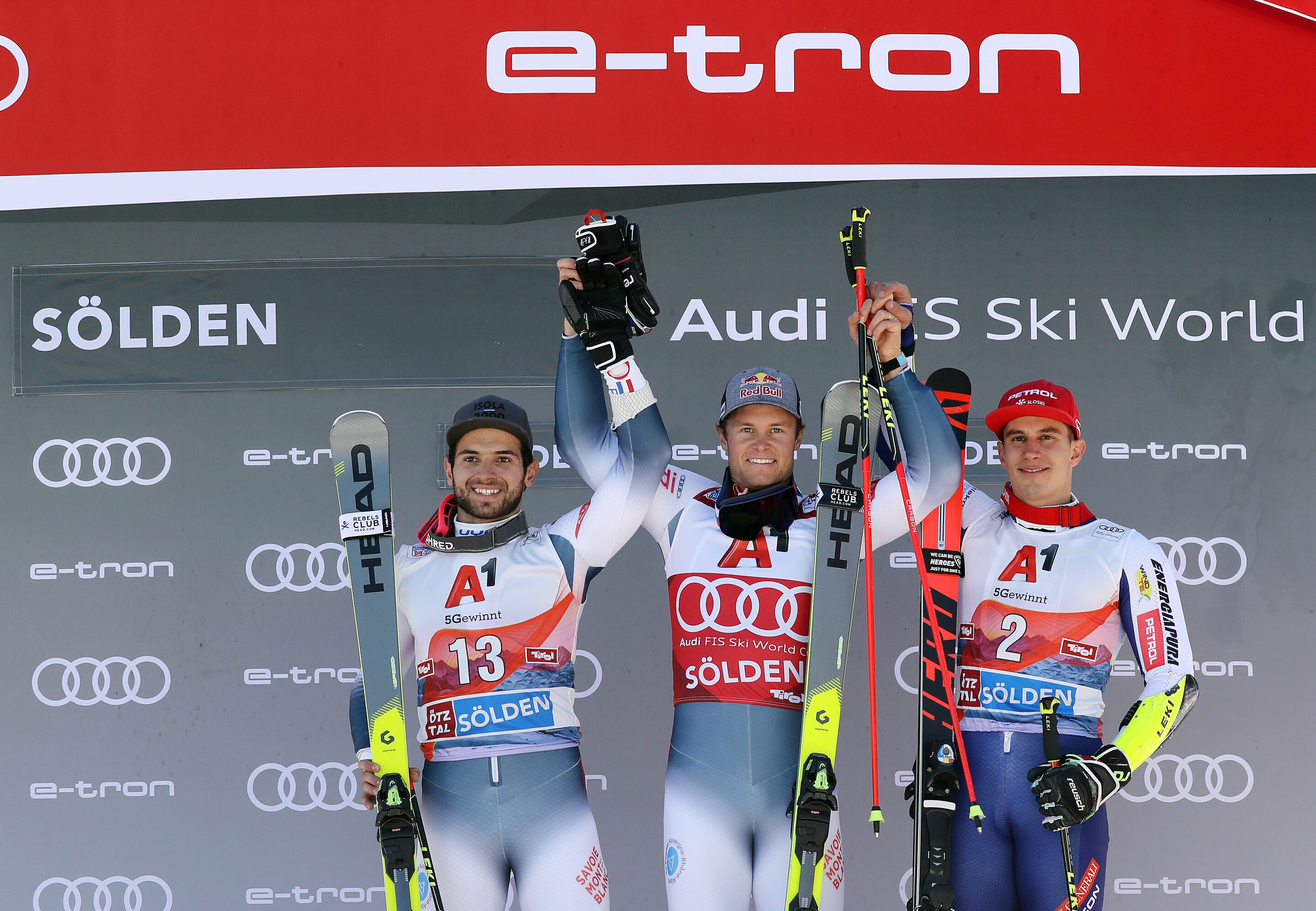 Audi FIS Ski World Cup Opening 2019 in Sölden - The winner's podium. Mathieu Faivre (FRA, left) takes 2nd place, Alexis Pinturault (FRA, middle) takes 1st place, Zan Kranjec (SLO, right) takes 3rd place