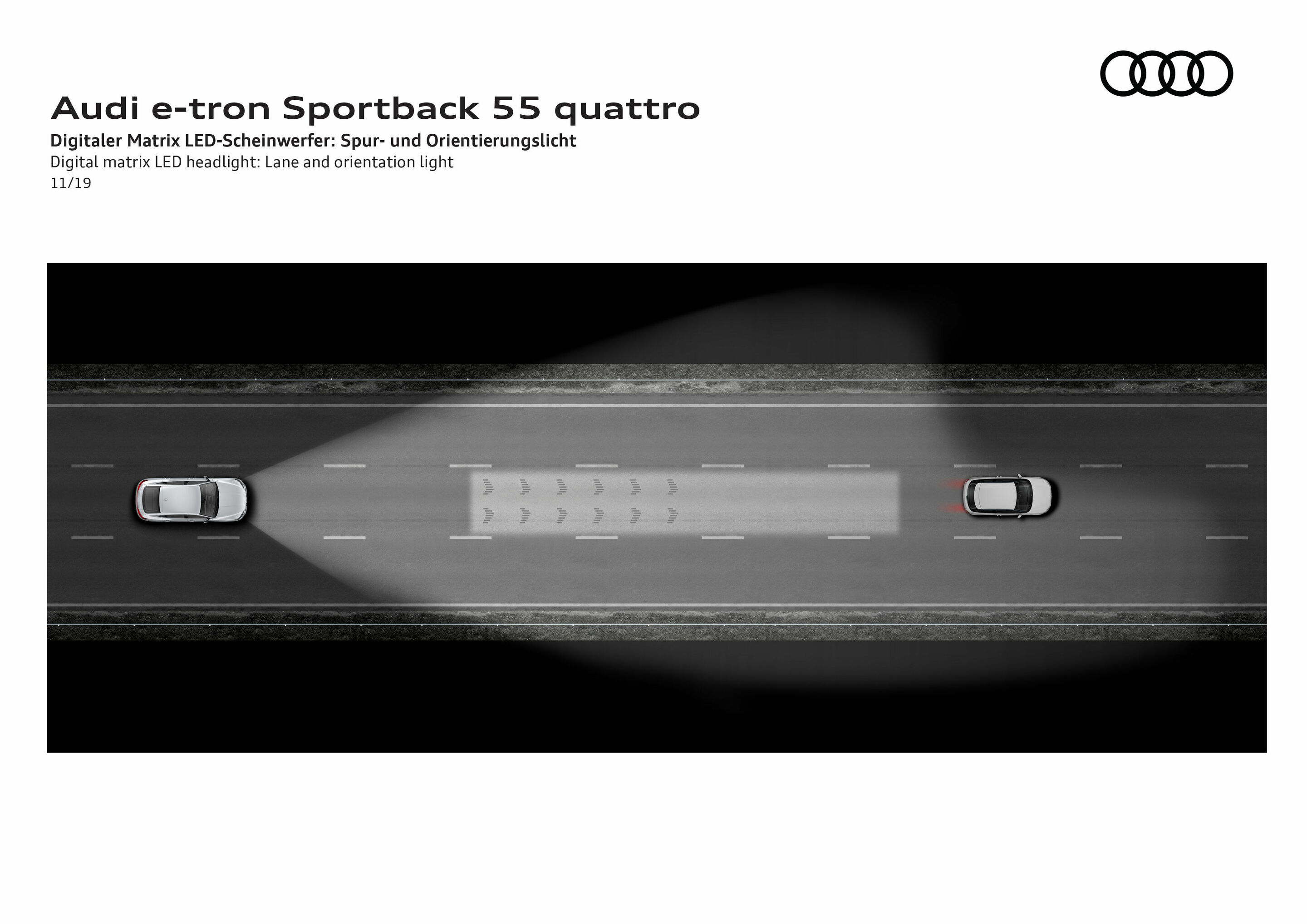 Illustration - Audi e-tron Sportback 55 quattro - Digitaler Matrix LED-Scheinwerfer: Spur- und Orientierungslicht