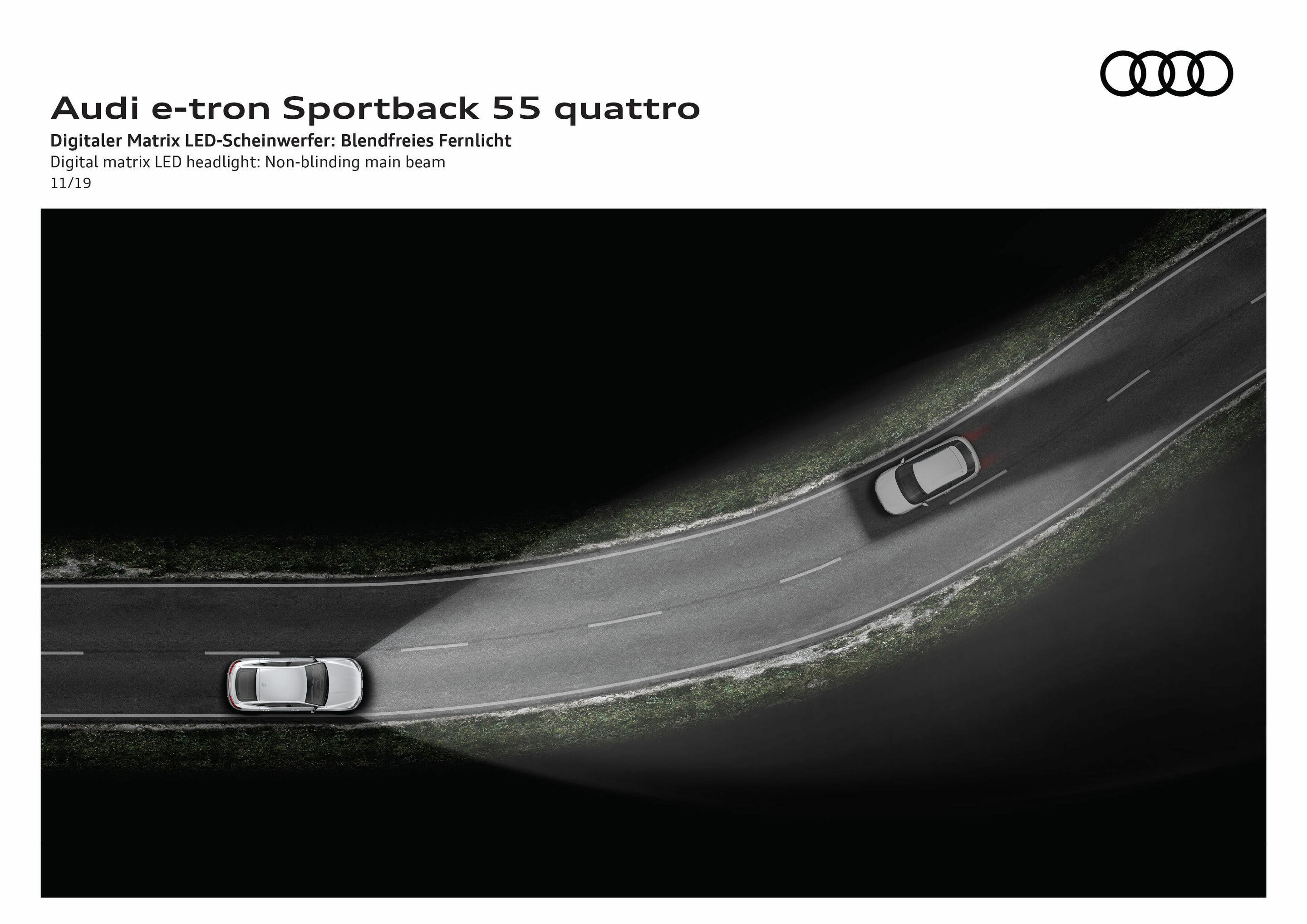 Illustration - Audi e-tron Sportback 55 quattro - Digital matrix LED headlight: Non-blinding main beam