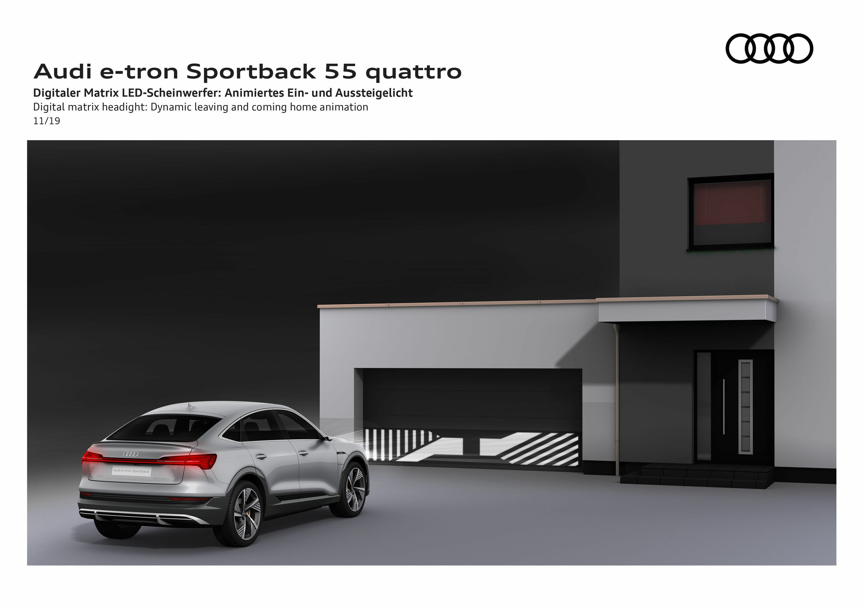 Illustration - Audi e-tron Sportback 55 quattro - Digitaler Matrix LED-Scheinwerfer: Animiertes Ein- und Aussteigelicht