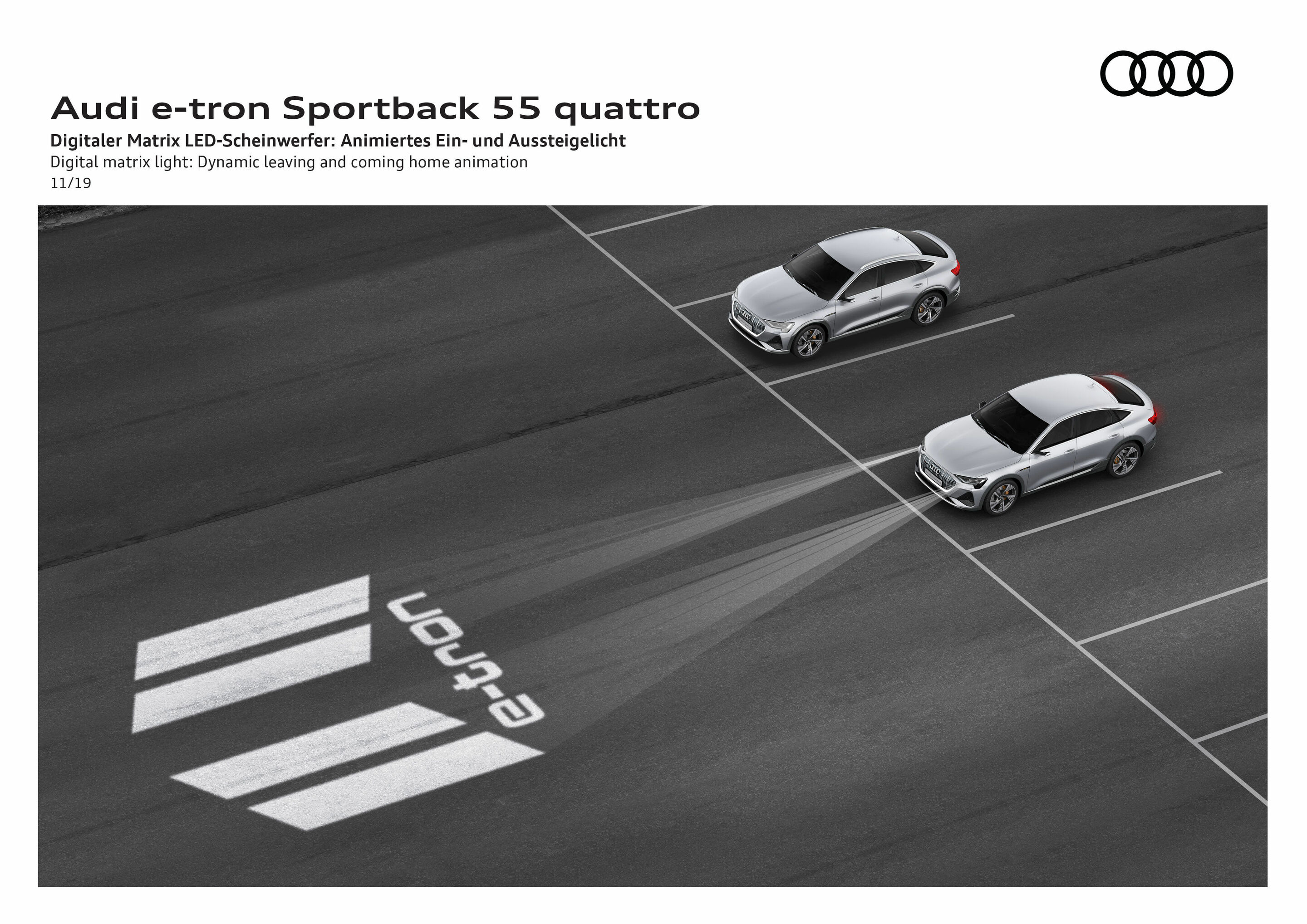 Illustration - Audi e-tron Sportback 55 quattro - Digital matrix LED headlight: Dynamic leaving and coming home animation