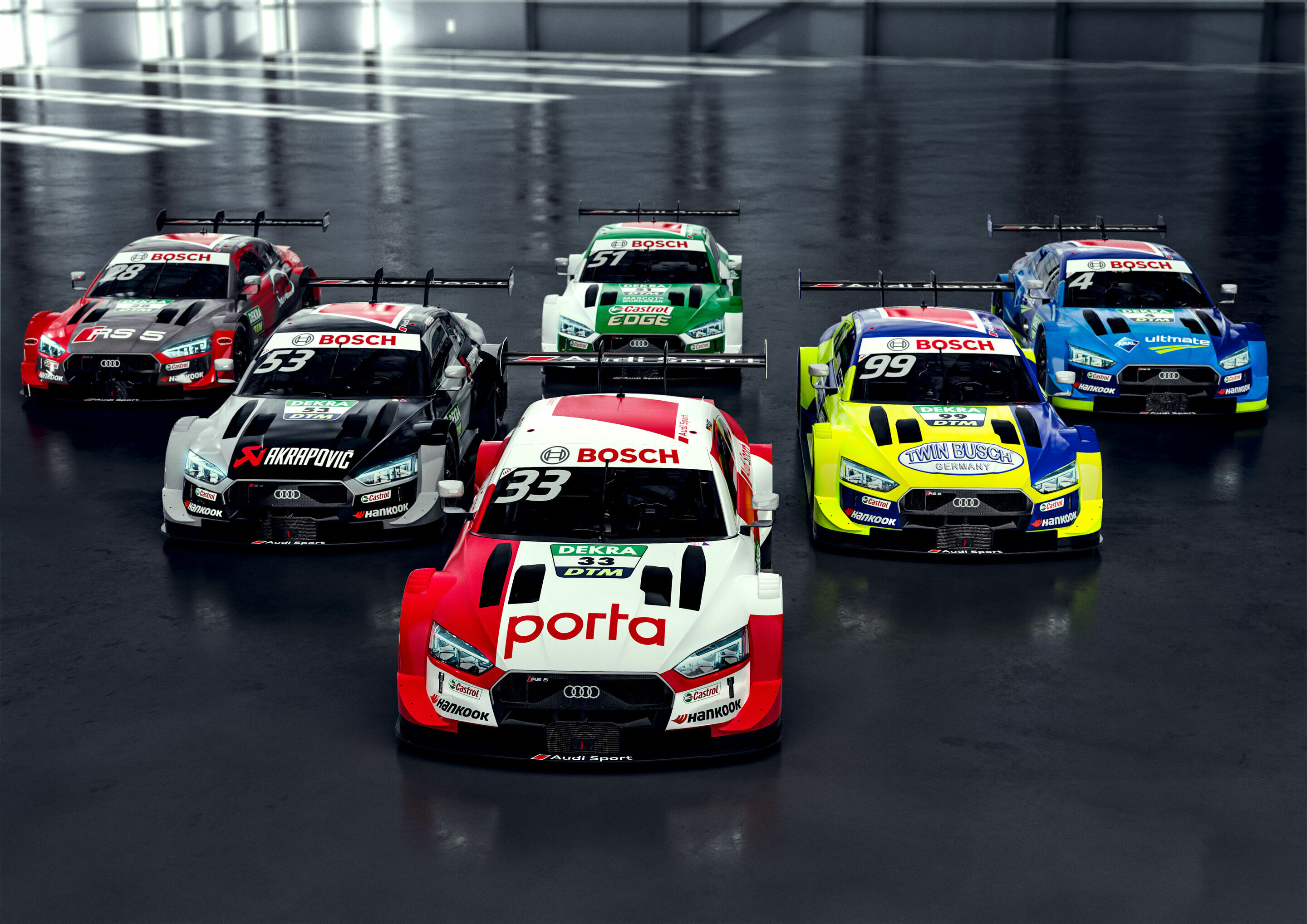 DTM 2020 - Aral Ultimate Audi RS 5 DTM #4 (Audi Sport Team Abt Sportsline), Robin Frijns; BMC Air Filter Audi RS 5 DTM #28 (Audi Sport Team Phoenix), Loïc Duval; Audi Sport RS 5 DTM #33 (Audi Sport Team Rosberg), René Rast; Castrol EDGE Audi RS 5 DTM...