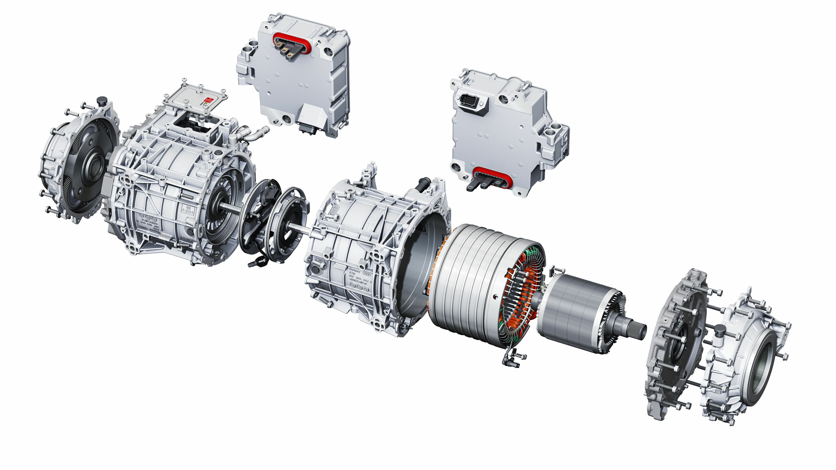 Audi e-tron S - Explosionsdarstellung Twin-Antrieb e-tron S: Untersetzungsgetriebe, E-Motor mit Leistungselektronik, Kühlmittelsammler, Stator, Rotor und Lagerschild (von links nach rechts).