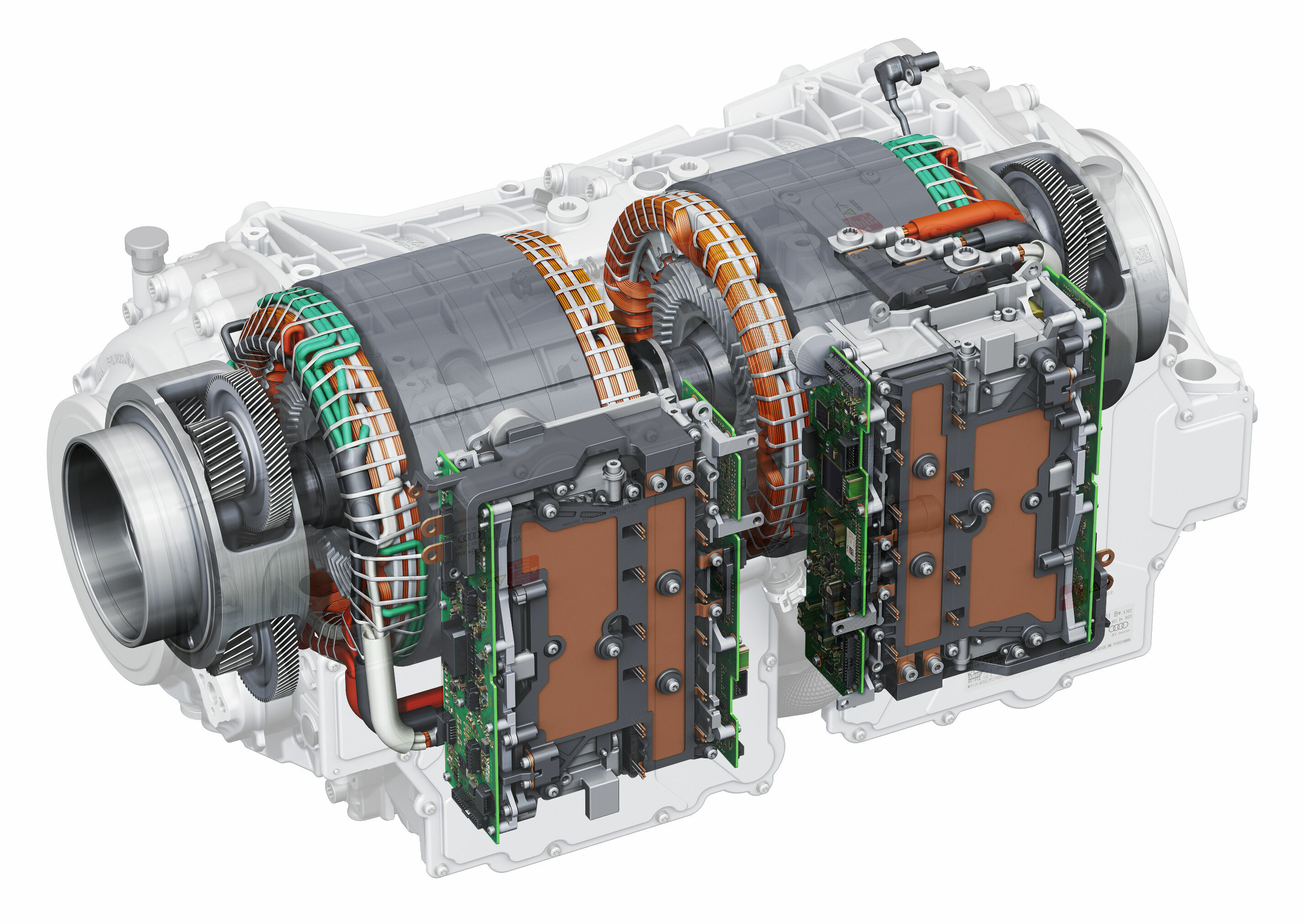 Audi e-tron S - Twin-drive e-tron S: X-ray view of the two electric motors each with one power electronics module (at front in illustration) and one reduction gearbox (at side)