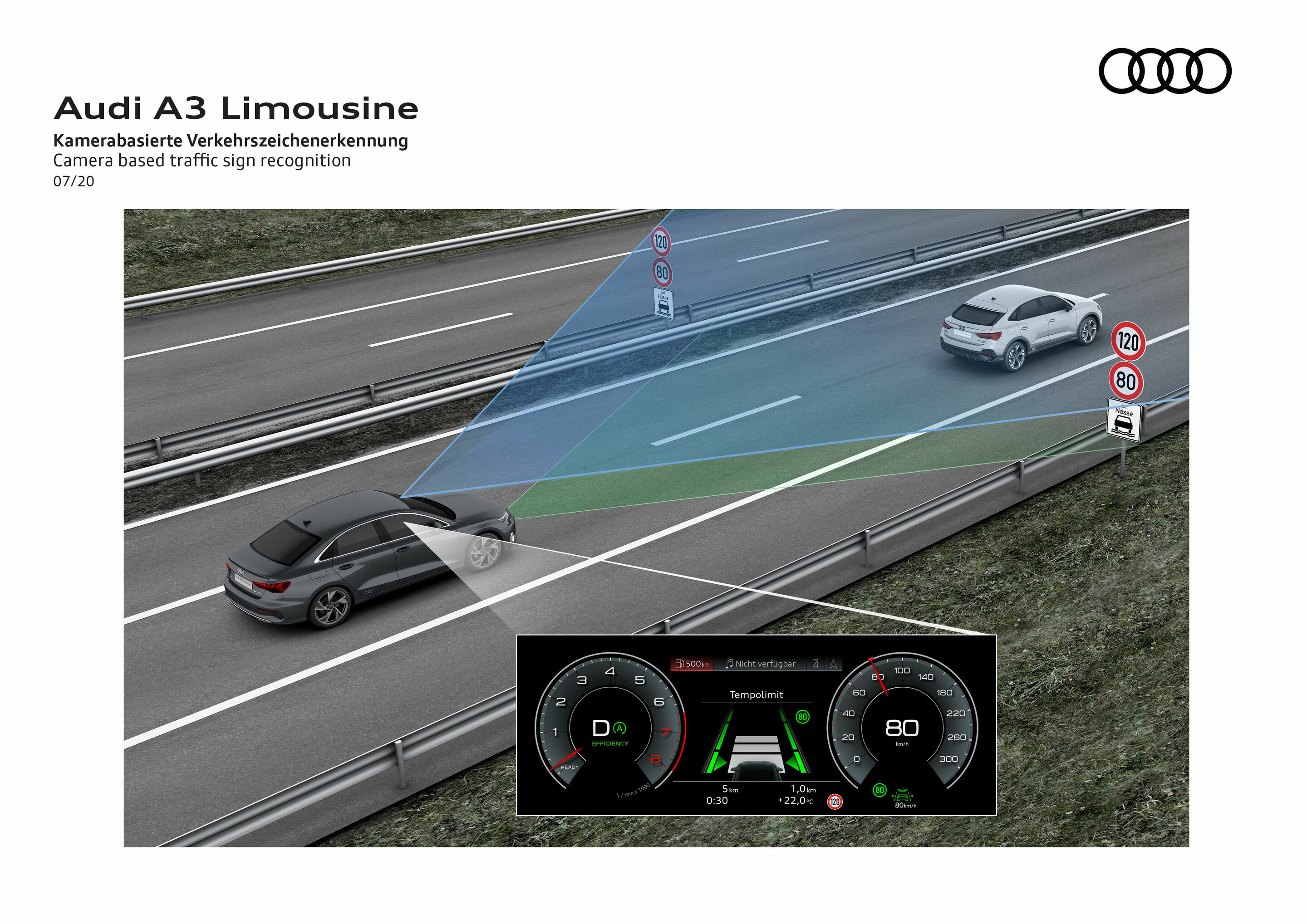 Illustration - Audi A3 Limousine - Kamerabasierte Verkehrszeichenerkennung