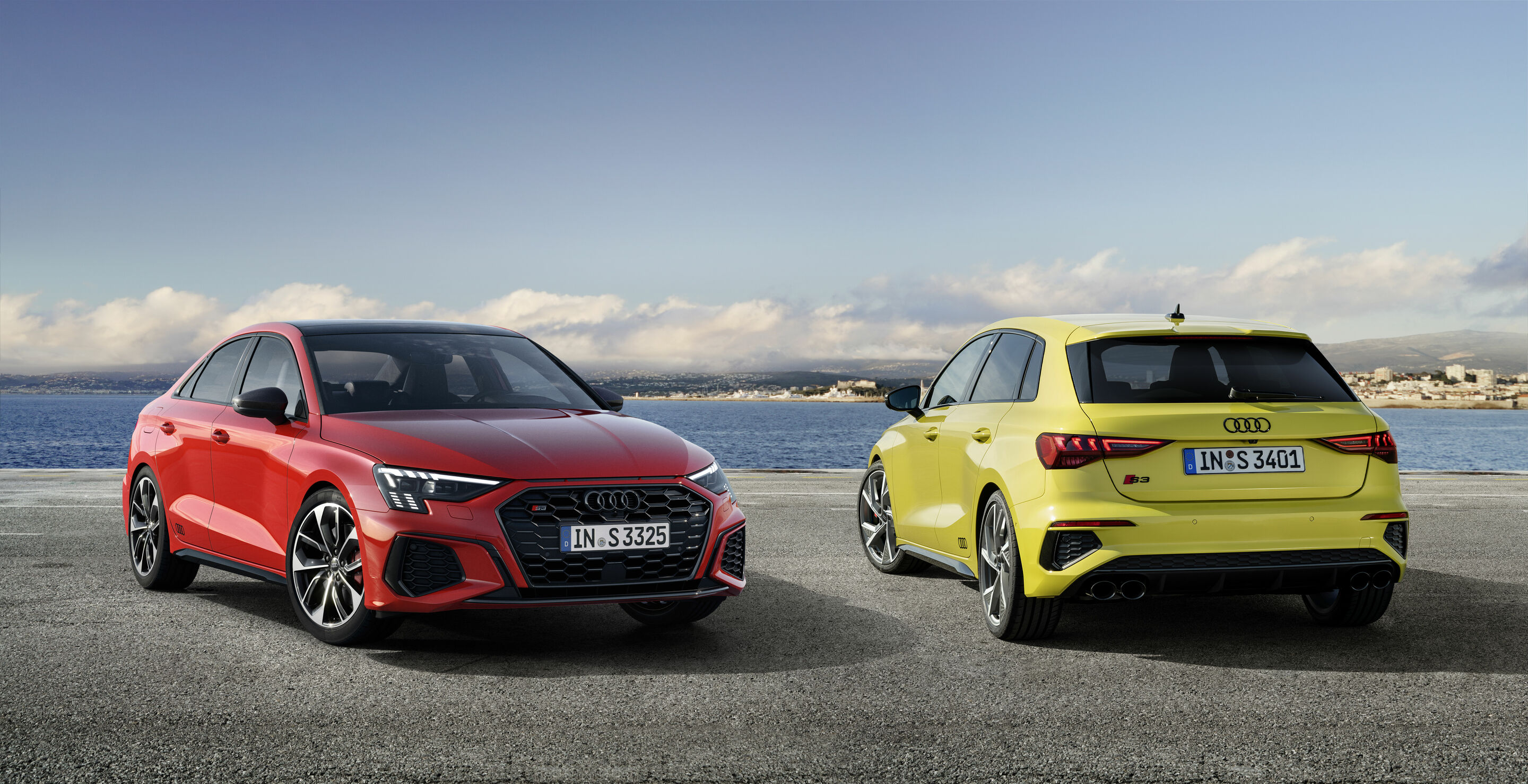 Audi S3 Limousine; Audi S3 Sportback - Standaufnahme
Farbe: Tangorot; Pythongelb