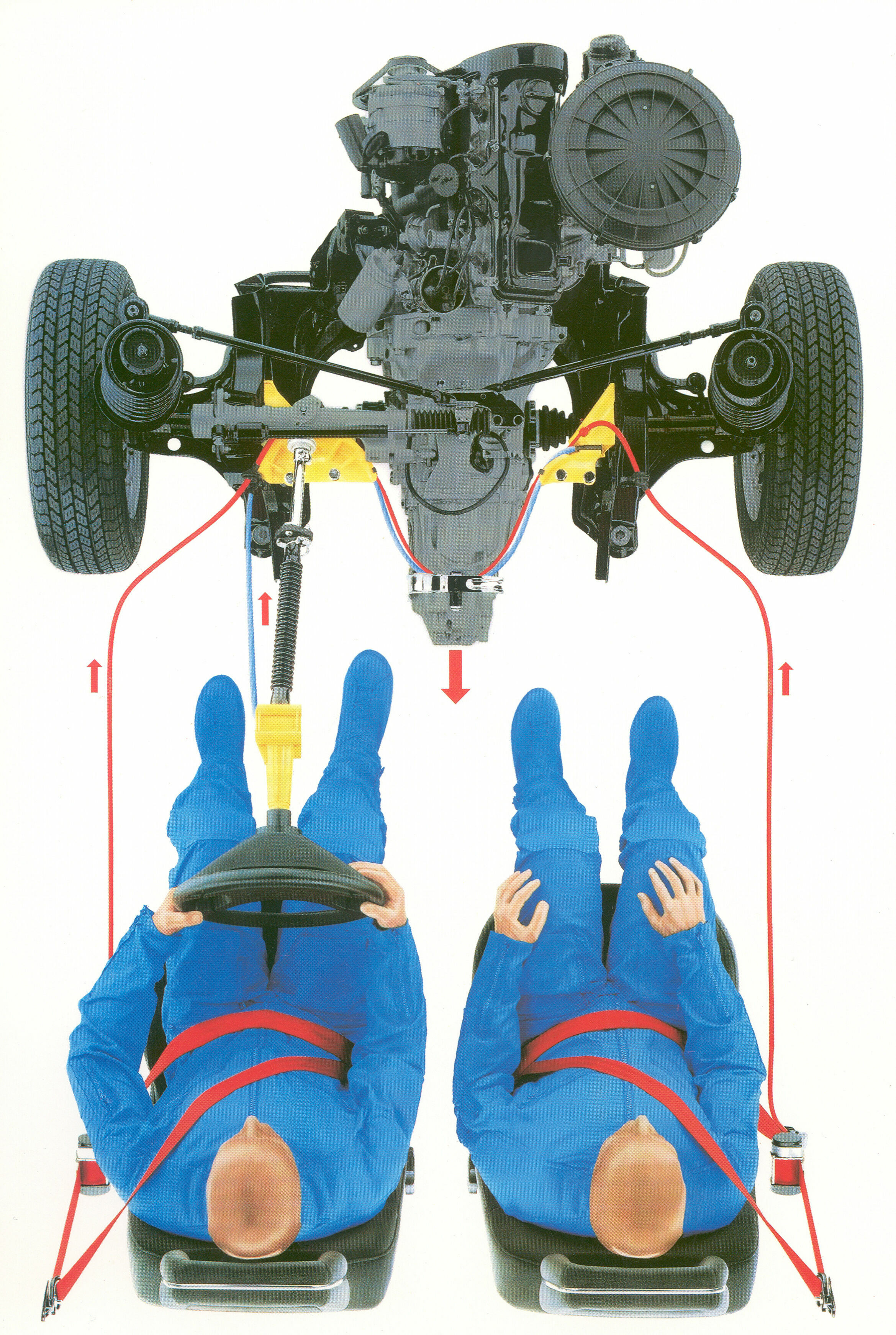 Audi Safety-system Procon-ten - Patented Audi Safety-system Procon-ten from 1986: In a frontal collision, the steering wheel was pulled back and the front seatbelts tensioned by means of the displacement of the engine toward the passenger compartment.