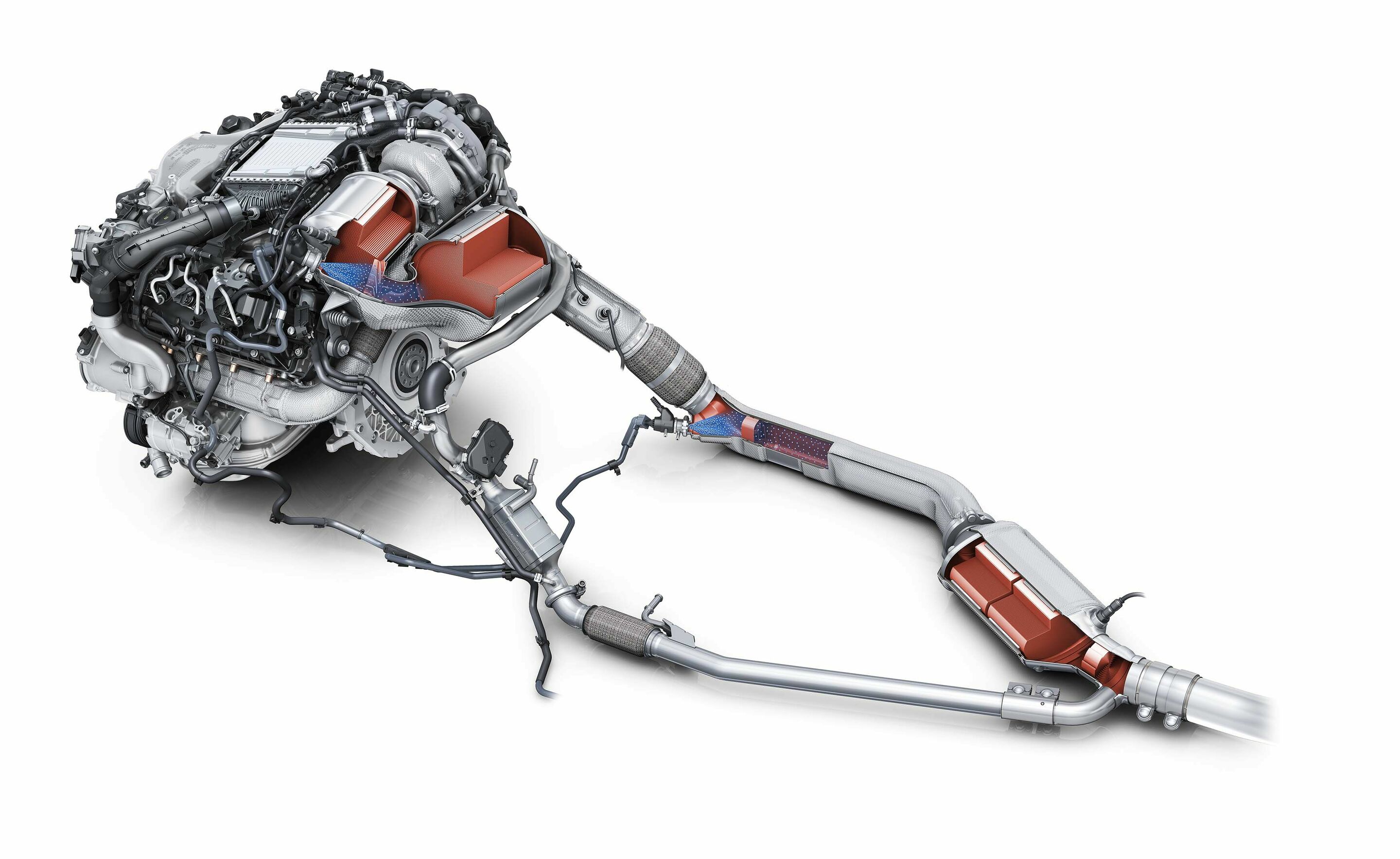 Twin dosing in the 3.0 TDI - Two SCR catalytic converters work together here: One is located directly behind the engine and the other is installed in the vehicle floor. They cover different operating situations and complement each other’s effects.