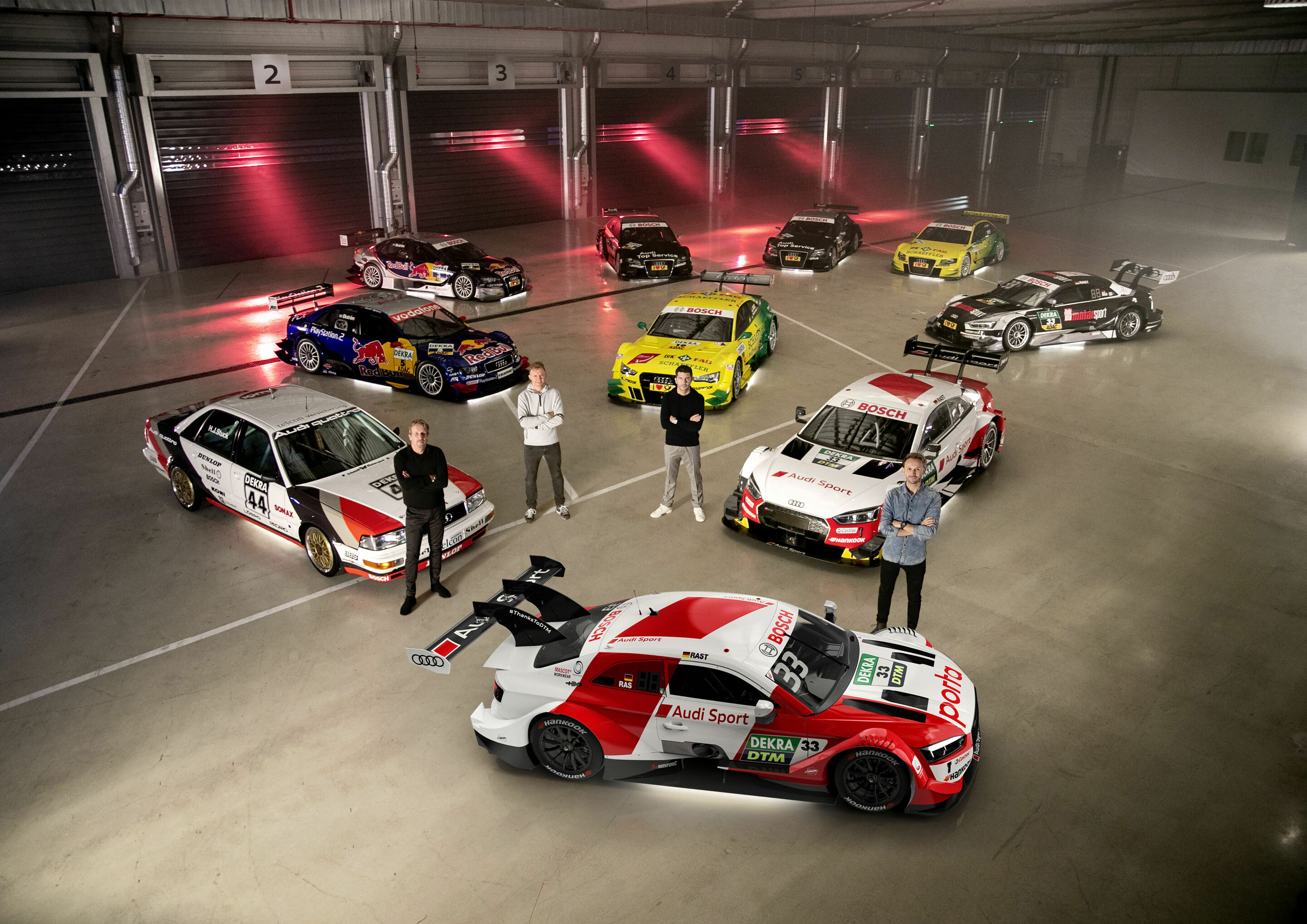 Audi DTM Champions - Audi V8 quattro (1990), Audi A4 DTM (2004, 2007, 2008, 2009, 2011), Audi RS 5 DTM (2013, 2017, 2019, 2020), Frank Biela, Mattias Ekström, Mike Rockenfeller, René Rast