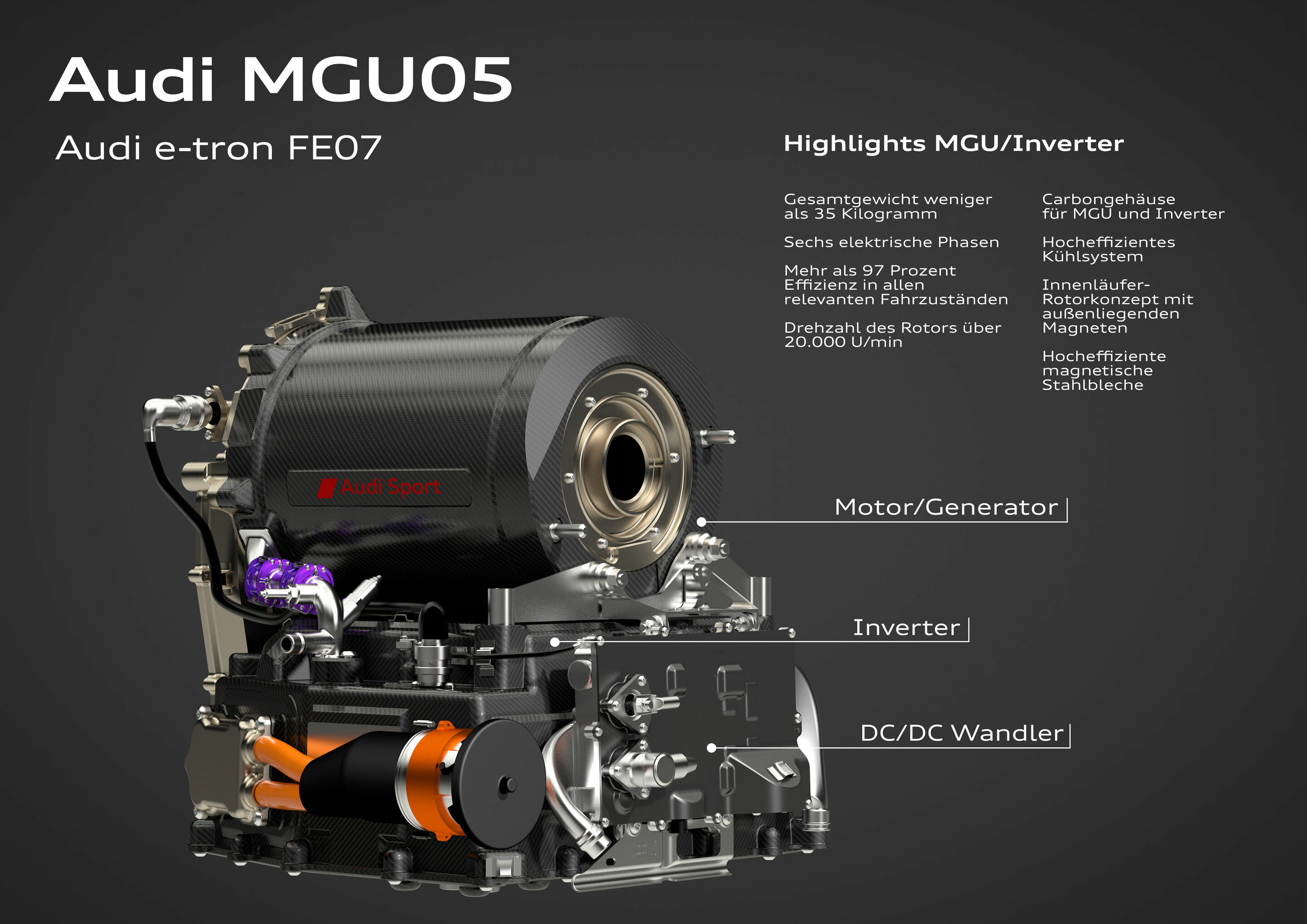 Illustration - Die Audi MGU05 im e-tron FE07 - Das Herz des Audi e-tron FE07 ist die neue Motor-Generator-Unit MGU05, die erstmals bei Audi Sport entwickelt wurde. Das innovative Aggregat mit einem Gewicht von weniger als 35 Kilogramm verfügt über einen...