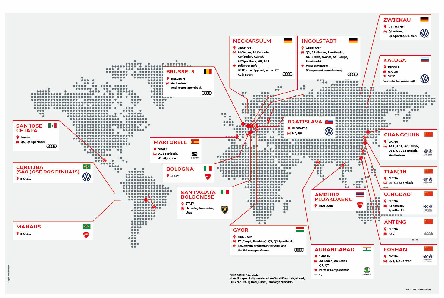 Audi Group worldwide - The Audi Group has production facilities at 19 sites in 12 countries from Mexico in the West to China in the East.