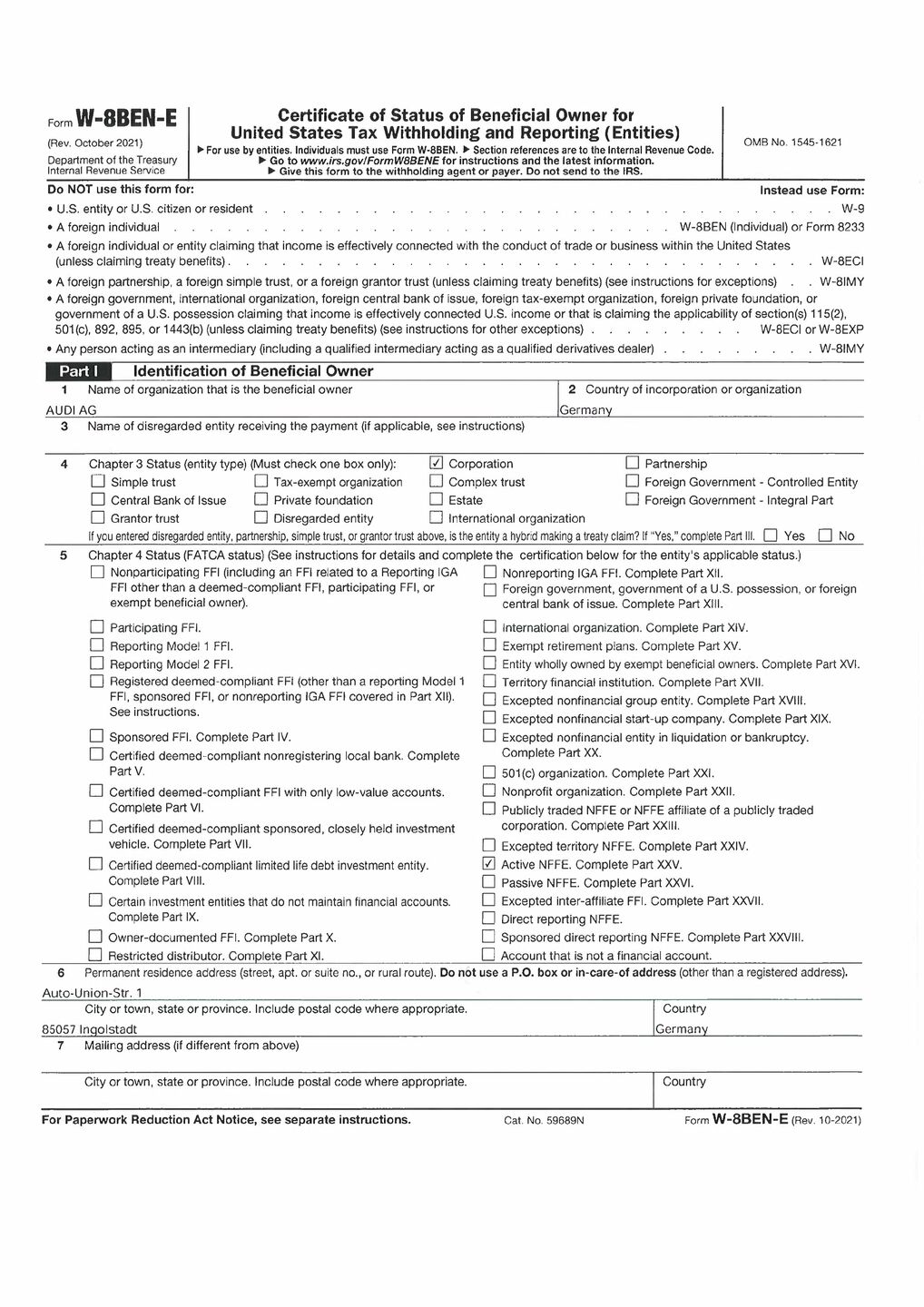 Formular W-8BEN-E
