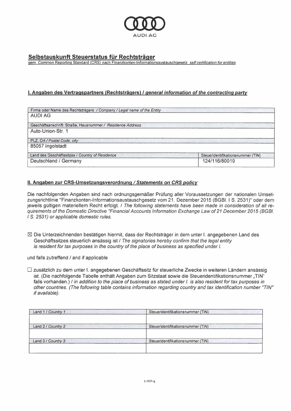 Selbstauskunft Steuerstatus für Rechtsträger