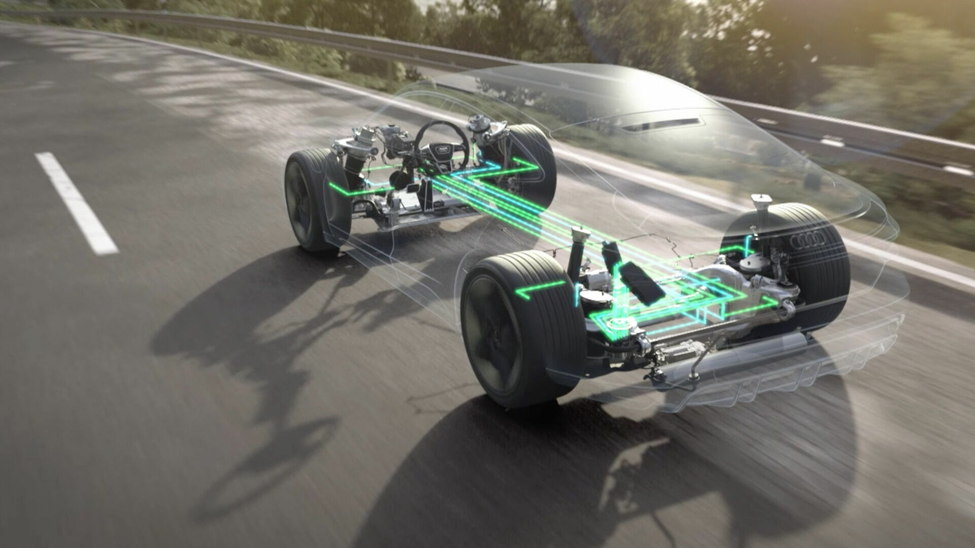Audi RS e-tron GT – three-chamber air suspension and all-wheel steering – Animation